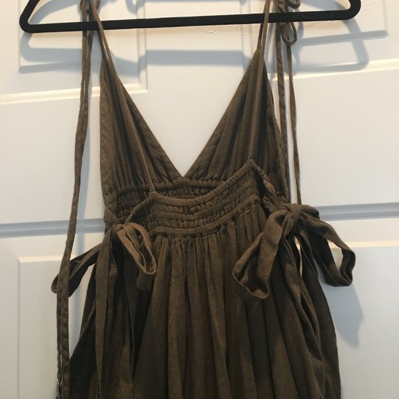 Free People dark olive green dress with shoulder ties, uneven fringed hemline - Picture 4 of 4